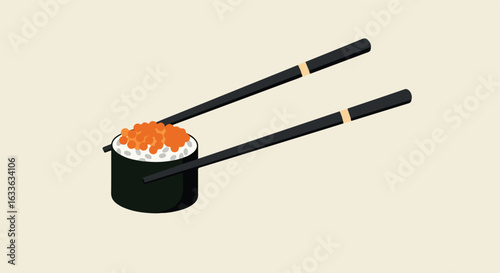 Ikura sushi roll held by chopsticks on beige