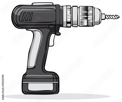 Illustration of a Power Drill Tool with a Screw, Construction and DIY Equipment