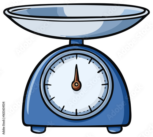 Blue kitchen scale illustration for weighing and measuring food items. Cute cartoon style graphic for cooking and baking concepts.
