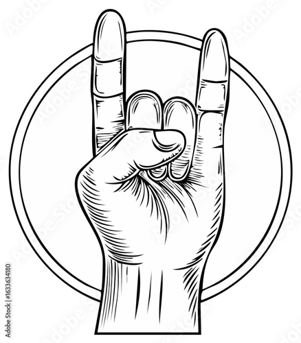 Hand making rock and roll devil horns gesture in circle frame line art illustration