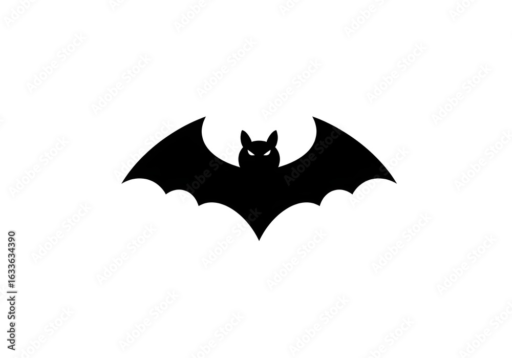 Fototapeta premium A simple graphic illustration of a black bat silhouette with spread wings on a white background