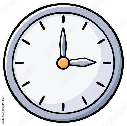 Cartoon Clock Face Showing Time Around 12:15, Round Analog Clock with Silver Frame