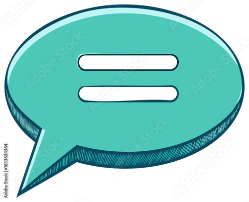 Hand drawn turquoise speech bubble with two horizontal lines representing dialogue or message in a communication concept