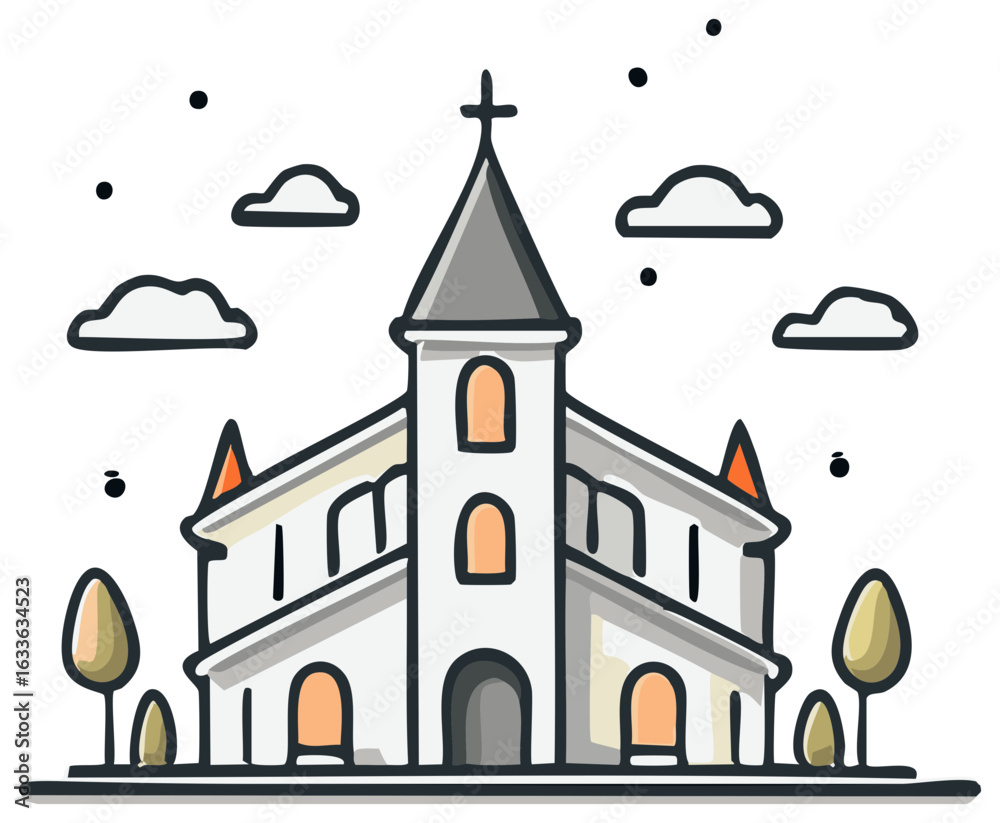 Obraz premium Illustration of a white church with a gray roof and clouds in the sky