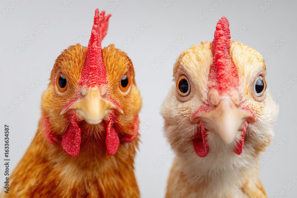 Naklejka premium Two chickens with distinct colors and features. One is orange with a prominent comb, and the other is white with a smaller comb. Both have bright eyes.