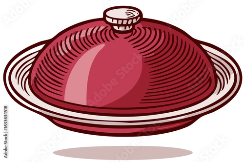 Illustrated cloche dish with lid and shadow, retro food illustration.