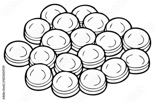 Pile of blank circular tokens in a disorganized cluster with simple black outline art