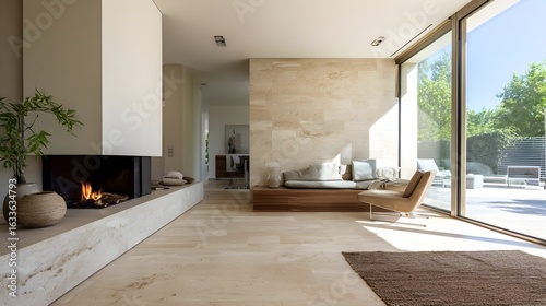 Modern Living Room Minimalist Travertine Bauhaus Danish Style Sunny Weather Vibrant Accents Crisp Details Radiant Lighting Elegant Design Luxurious Ambiance (AI-Generated)