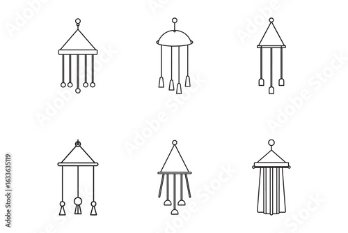 Set of Six Wind Chime Line Art Illustrations Featuring Different Minimalist Designs for Relaxation Meditation and Home Decor