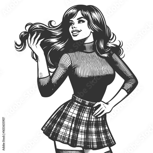 pin-up girl wearing a plaid skirt and tight turtleneck, smiling and posing playfully sketch engraving generative ai fictional character vector illustration. Scratch board imitation. Black and white.