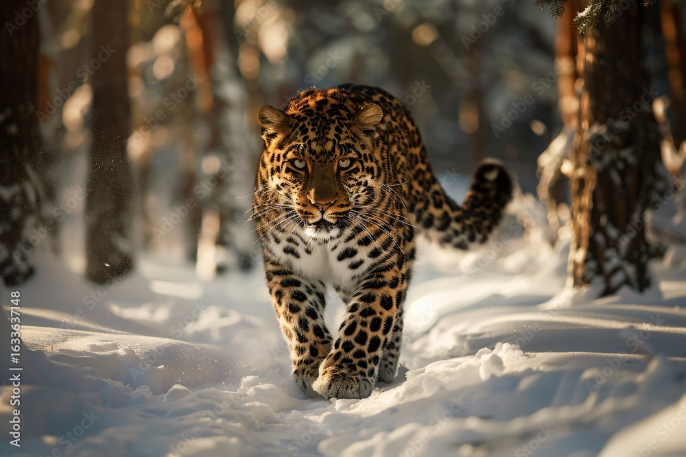 Obraz premium Amur Leopard in the Wild – Critically Endangered Big Cat in Snowy Forest Habitat