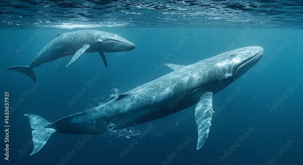 Fototapeta premium The serene majesty of two blue whales swimming together in the deep, sunlit ocean waters, showcasing marine life.