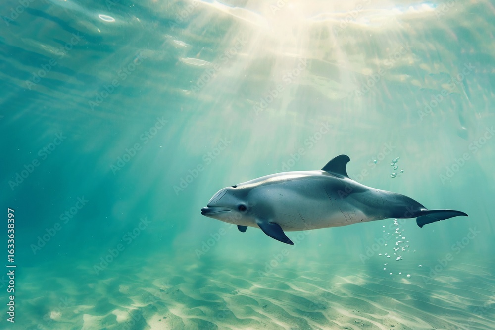 Obraz premium Vaquita Swimming Underwater – Rare Endangered Porpoise in Natural Habitat