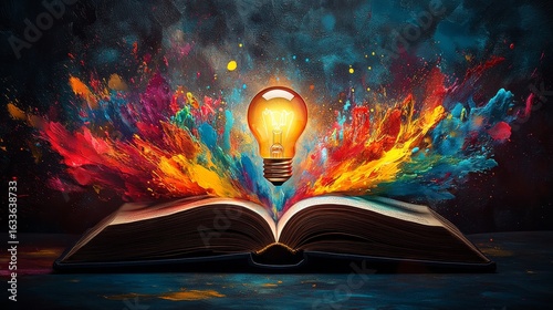 An open book with a glowing light bulb floating, symbolizing knowledge and creativity