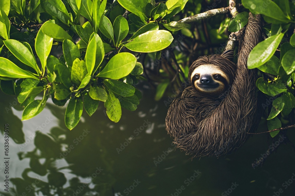 Obraz premium Pygmy Three-Toed Sloth in Mangrove Forest – Rare and Endangered Island Mammal
