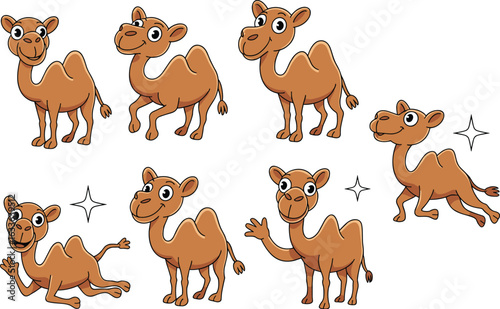 Funny camel cartoon vector illustration, cute desert animal character collection, smiling camels in different poses, children friendly camel clipart