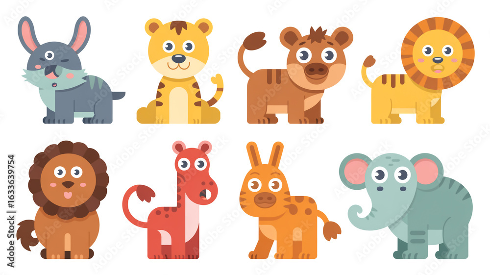 Obraz premium Cartoon animals isolated on white background, a delightful collection of cute and playful characters for childrens illustrations and designs