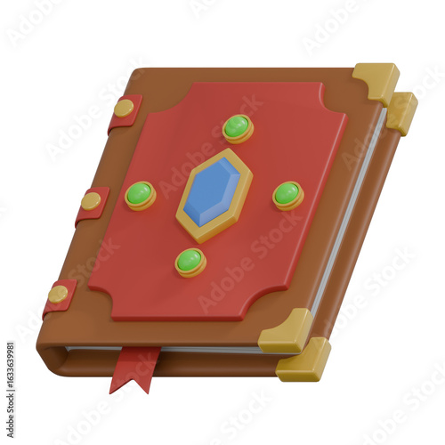 magic book with a red cover and green gems