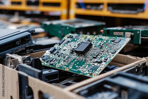 Circuit boards and hard drives in cardboard boxes