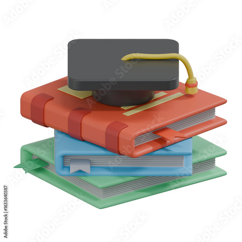 Stack of books with graduation cap on top render