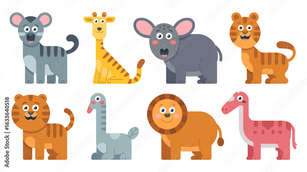 Obraz premium Collection of cute cartoon animals isolated on white background, ideal for childrens illustrations and playful graphic designs