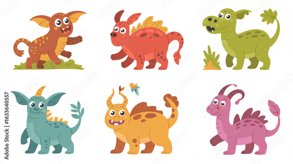 Obraz premium Set of cute cartoon monsters isolated on white background, perfect for childrens illustrations and fun graphic designs