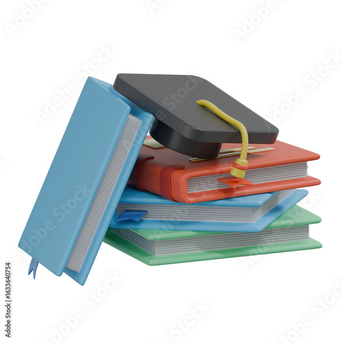 Stack of books with graduation cap on top render
