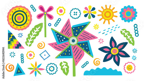 Colorful illustration featuring flowers pinwheel sun and abstract geometric shapes scattered on white