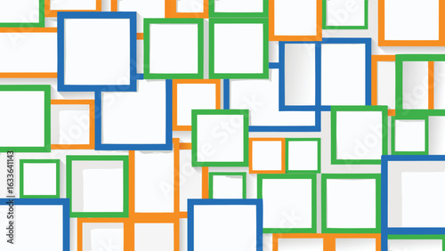 Colorful squares with white centers arranged in a scattered pattern on a white background design art