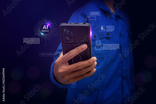 Man using phone with floating AI interface icons. Perfect for mobile technology, artificial intelligence, or digital communication concepts.