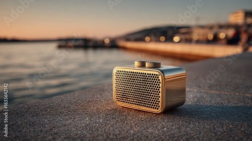 Golden portable speaker by water at sunset