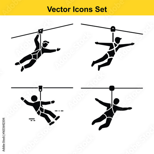 Vector Zipline Adventure: Four Black Silhouette Icons, Action, Extreme Sports, Vector Graphics,  Harnesses,  Safety Gear,  Aerial View,  Thrill-Seeking,  Adrenaline Rush.
