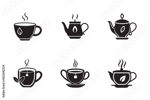 Black and White Tea Icons Featuring Teapots and Cups with Steaming Hot Beverages Ready for a Relaxing Afternoon