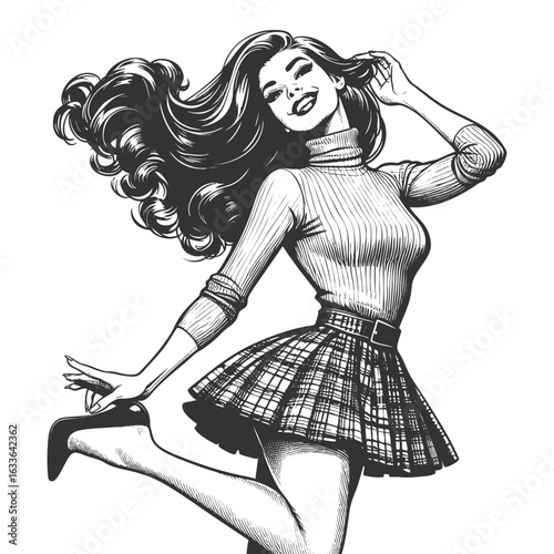 pin-up girl wearing a plaid skirt and tight turtleneck, smiling and posing playfully sketch engraving generative ai fictional character vector illustration. Scratch board imitation. Black and white.