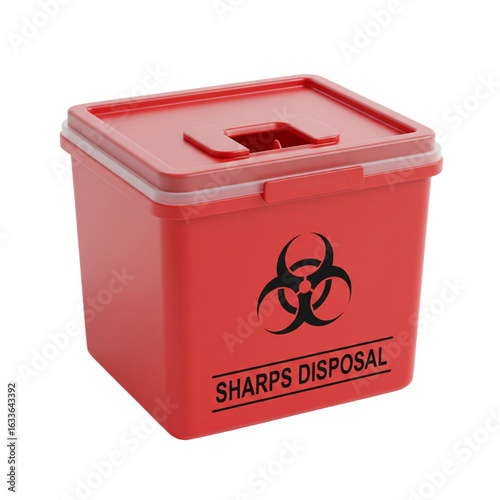 Red Sharps Disposal Container: Medical Waste Management Solution for Safe Needle Disposal Isolated on Transparent Background