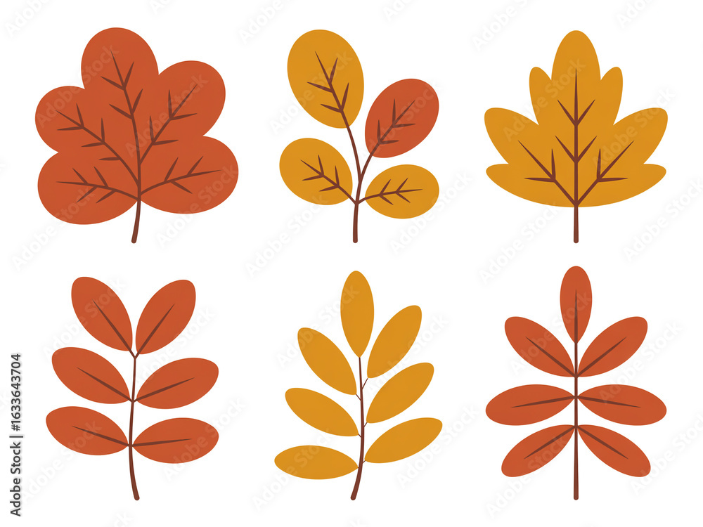 Fototapeta premium Autumn leaves vector set isolated on white background with various shapes and colors for seasonal designs and decorative elements