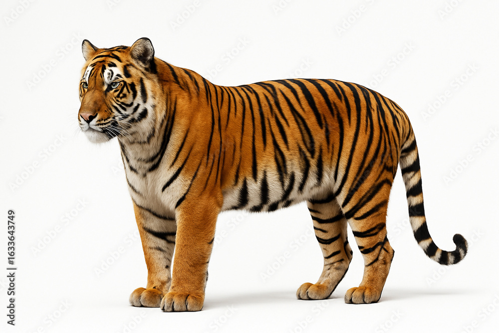 Naklejka premium Tigre de perfil em posição de caminhada isolado em fundo branco