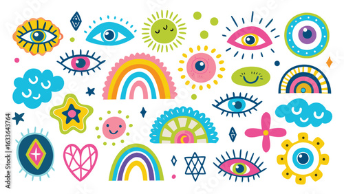 Collection of colorful hand drawn elements including eyes rainbows stars and suns on a white background