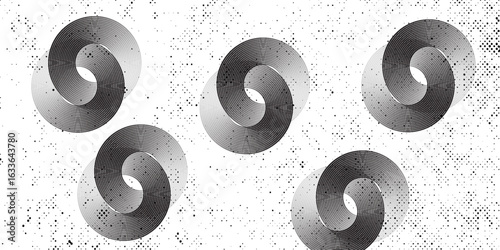A collection of concentric white and black circles. A collection of radial or sonar sound wave rings. A collection of radar, target, dashed line, and halftone icon symbols, modern, Eps 10.