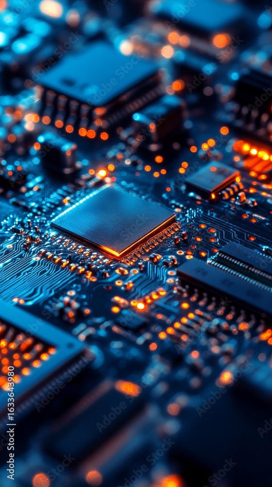 Obraz premium Close-up of illuminated circuit board with processor chip