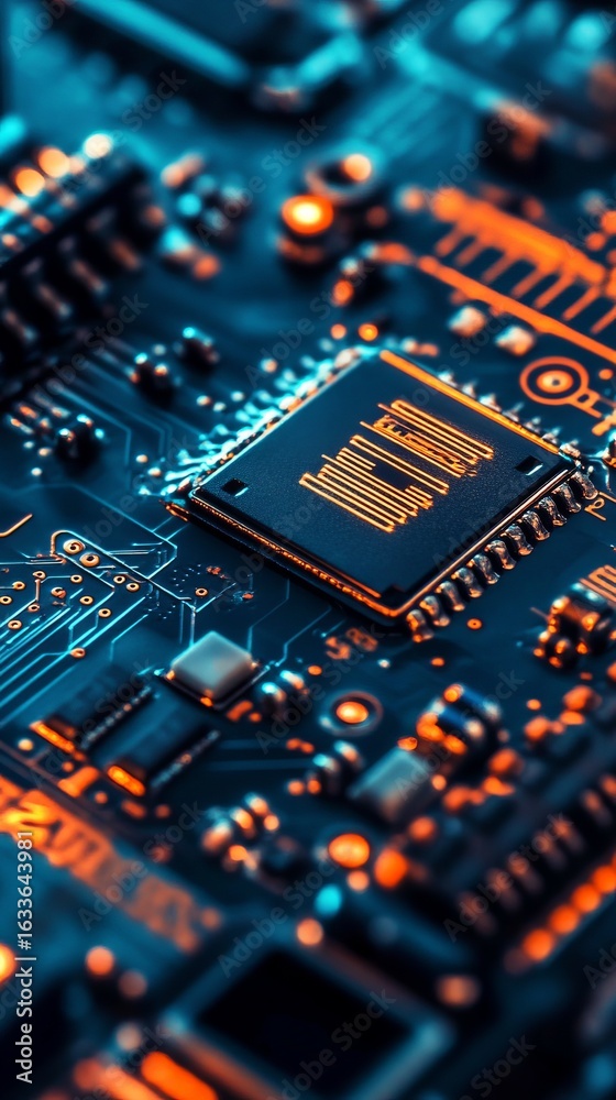 Fototapeta premium Close-up of illuminated circuit board with central chip (1)
