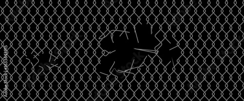 Chain link fence mesh pattern with torn metal texture and broken wire grid for urban industrial background. Damaged security barrier with holes and ripped sections. Black metallic fencing material.