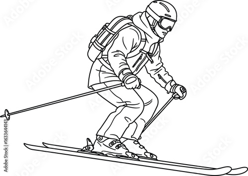 A line drawing of a skier with a backpack skiing downhill with poles out