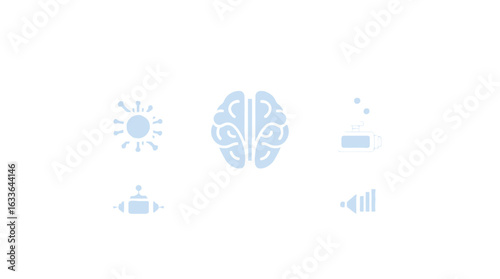 Simple light blue icons depict sun, brain, meditation, and sound waves, symbolizing mental wellness and mindfulness.