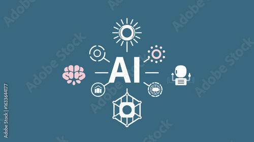 Artificial intelligence concept with brain, sun, robot, and other abstract icons surrounding the "AI" text on a blue background.
