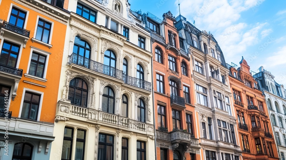 Fototapeta premium Colorful historic buildings with ornate details, side-by-side facades, sunny day