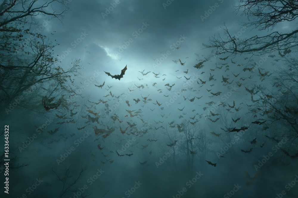 Fototapeta premium Spooky forest filled with bats on Halloween night creating an eerie atmosphere with fog and shadows