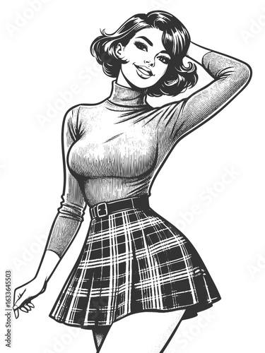 pin-up girl wearing a plaid skirt and tight turtleneck, smiling and posing playfully sketch engraving generative ai fictional character vector illustration. Scratch board imitation. Black and white.