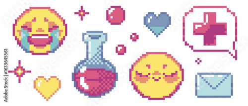 Pixel art y2k set - pink cross speech bubble, sob emoticon and blushed face, romantic love symbols, heart and letter envelope, magic potion bottle retro game interface. Vintage sparkle icons