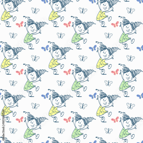 Seamless pattern with dancing girl and butterflies